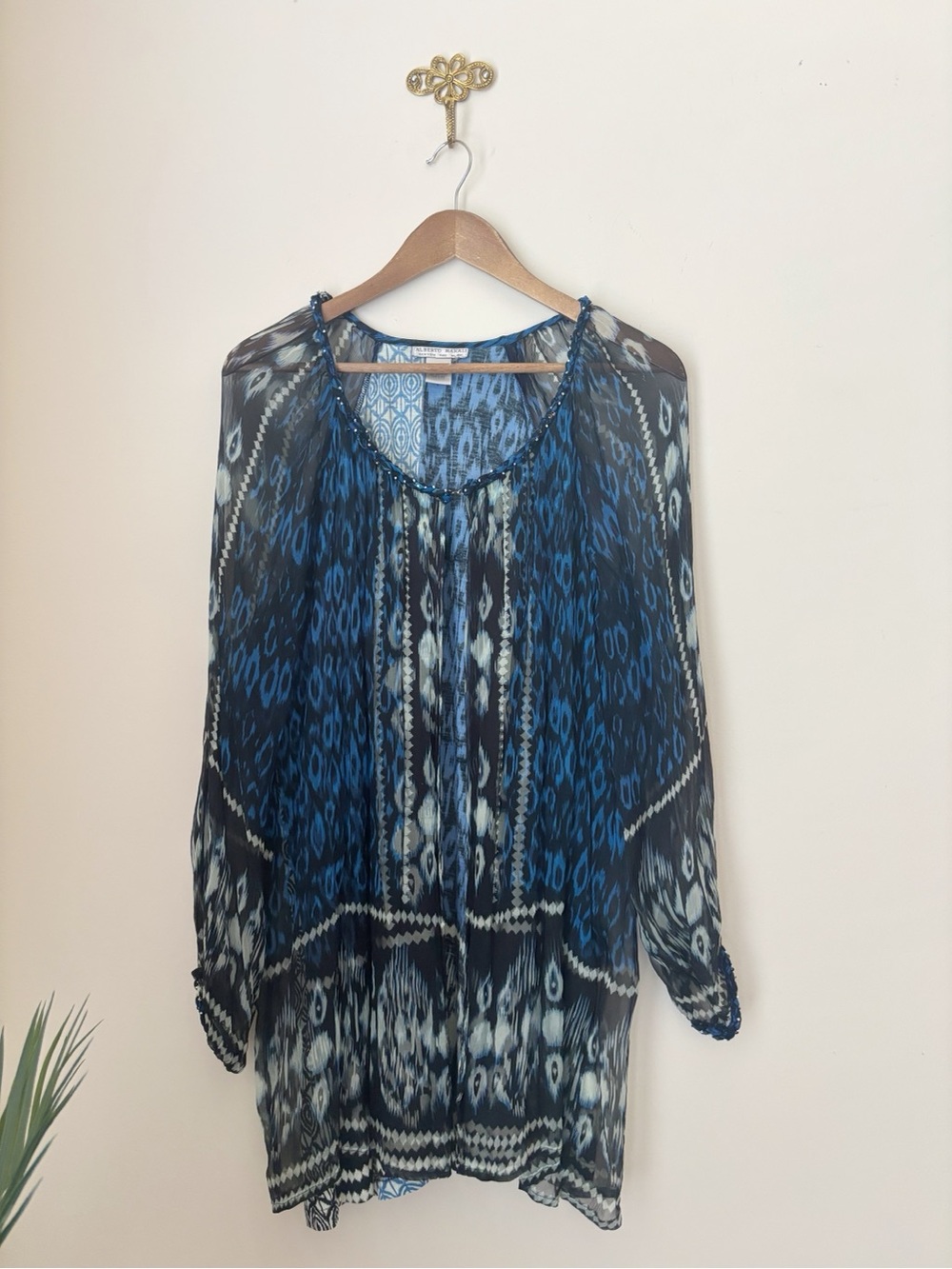 Alberto Makali Blue Chiffon Beaded Ikat Print Layering Top XL Luxury Resortwear